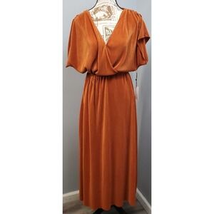 FLORET STUDIOS Plissé Pleated Surplice Dress Women M Orange Cinch Waist Backless